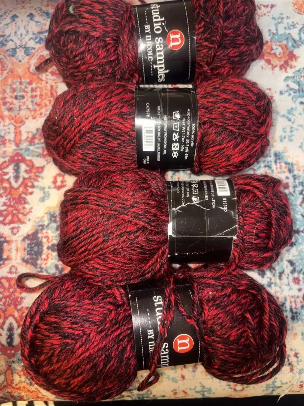 4 Skein Studio Samples by Nicole Acrylic Yarn Red Black Marled Twist